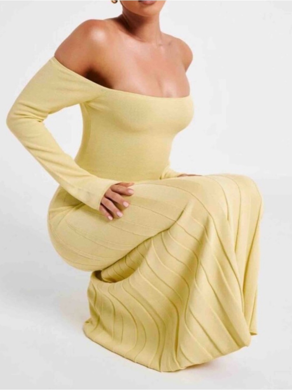 Meshki Off-Shoulder Ribbed Maxi Dress in Soft Yellow